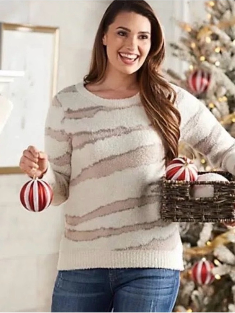 Barefoot Dreams CozyChic Knit Crewneck Pullover Cream Beige Animal Print Size M